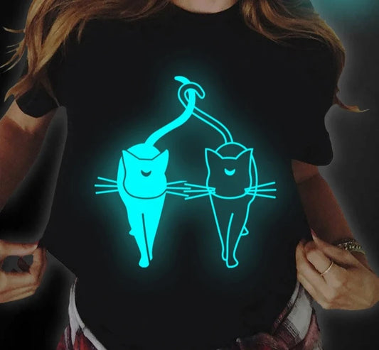 Luminous Glow Heart Print Cat T-Shirts